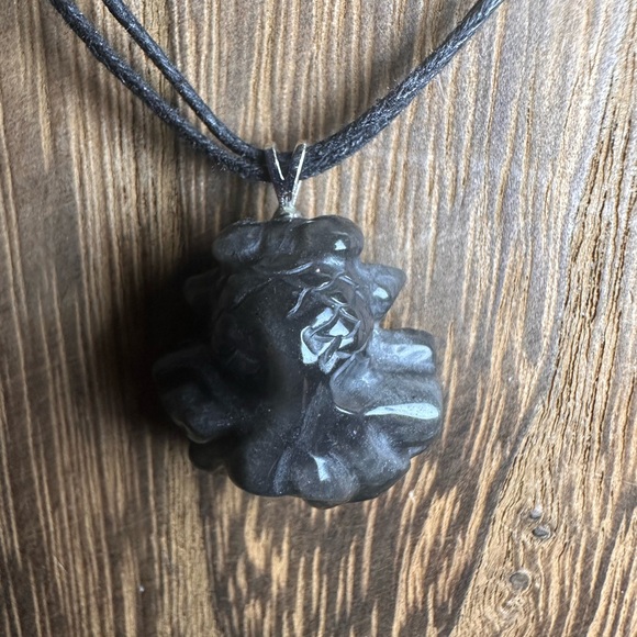 Silver Sheen Obsidian Goldfish Pendant Necklace on Black Rope - Picture 4 of 12